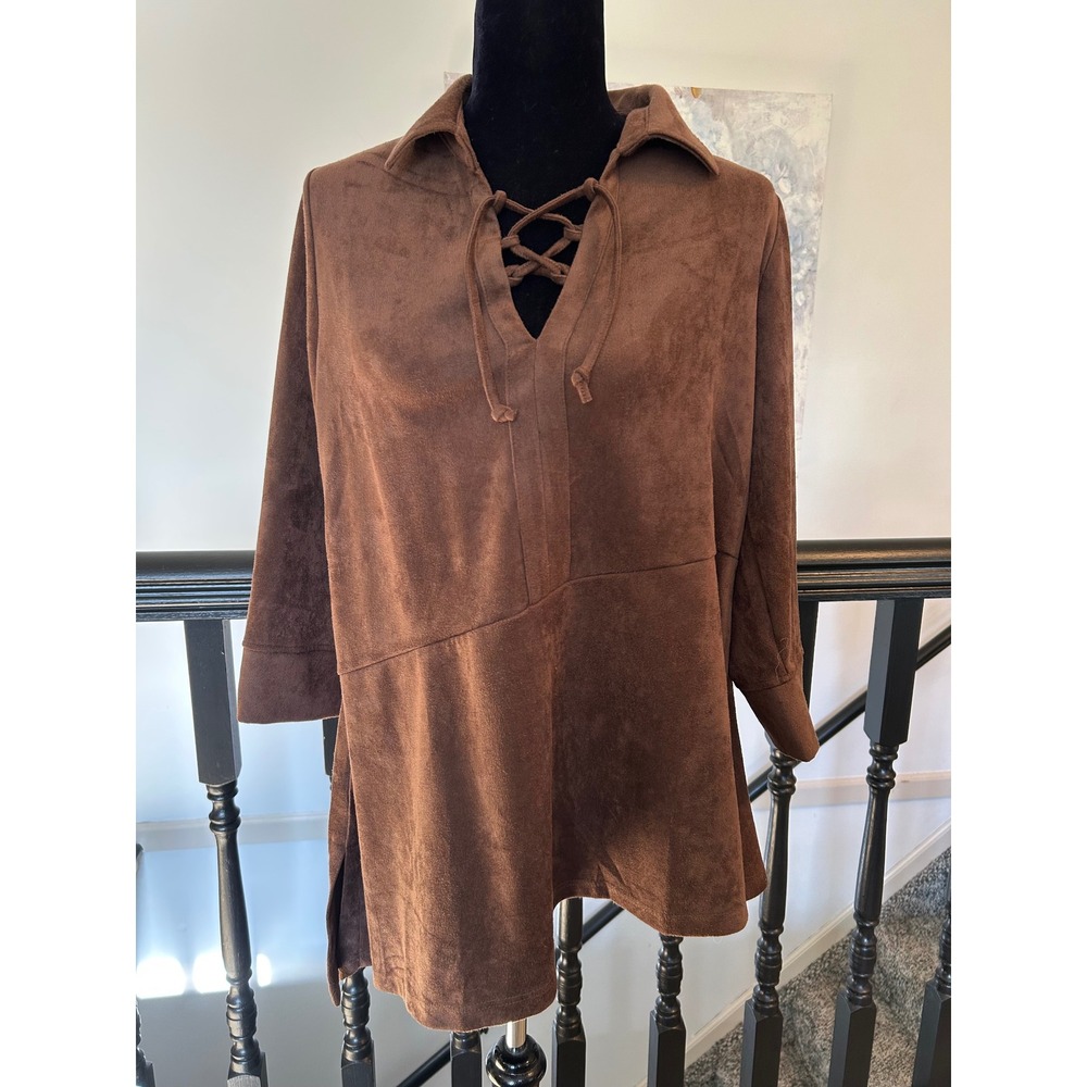 Lynn Ritchie Silver Brown Faux Suede Lace Up Tunic Top Medium 3/4 Sleeve